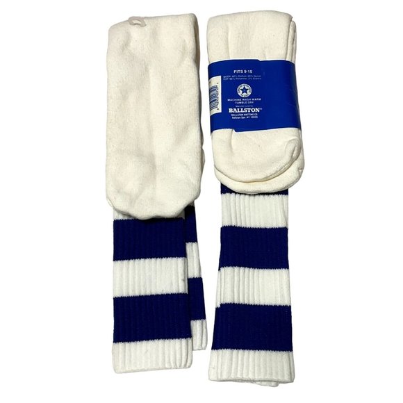 VINTAGE TUBE SOCKS SIZE 9-15 WHITE BLUE STRIPE PAIR NEW WITH TAGS MENS - Picture 2 of 3